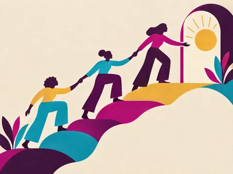 Ilustración: tres personas se dan la mano mientras suben un camino hacia una puerta abierta