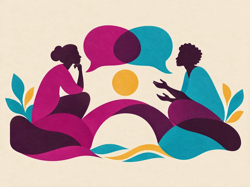 Ilustración: dos mujeres conversan; sus bocadillos se superponen sobre un puente
